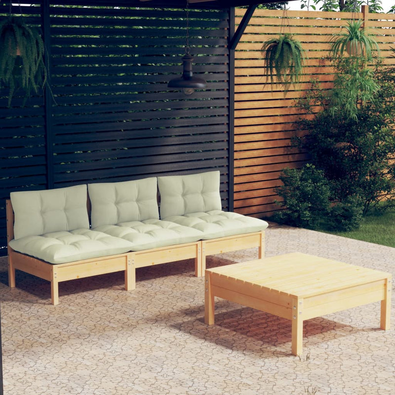 4 Piece Garden Lounge Set with Cream Cushions Pinewood