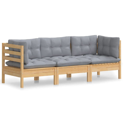 3-Seater Garden Sofa with Grey Cushions Solid Pinewood