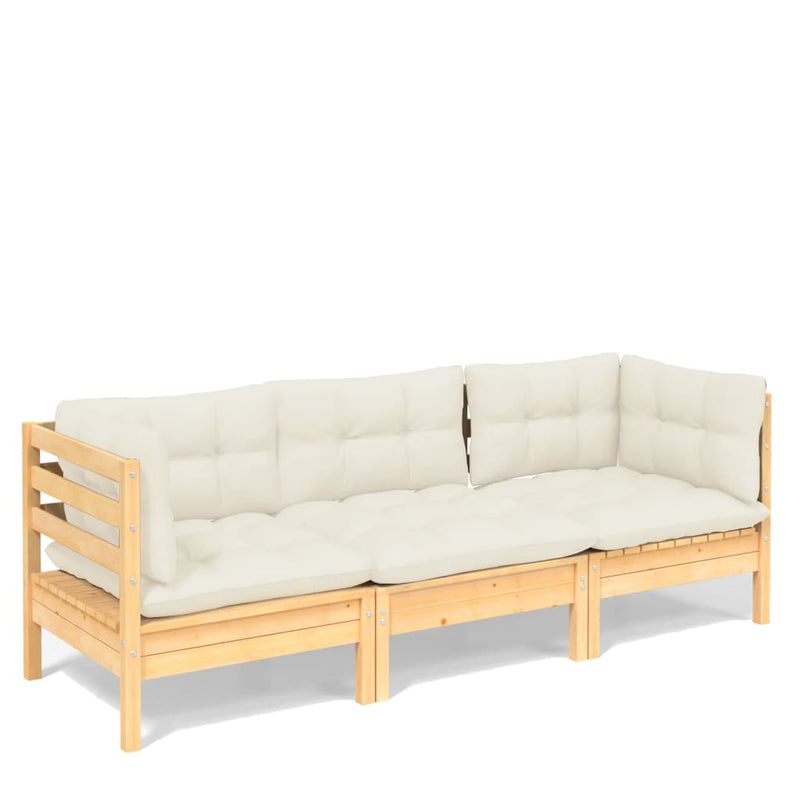 3-Seater Garden Sofa with Cream Cushions Solid Pinewood