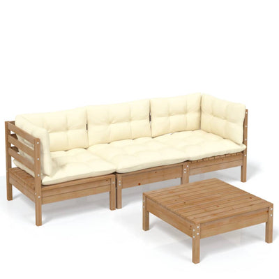 4 Piece Garden Lounge Set with Cream Cushions Pinewood