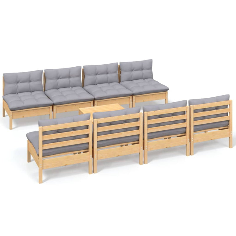 9 Piece Garden Lounge Set with Grey Cushions Solid Pinewood