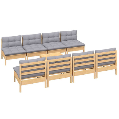 9 Piece Garden Lounge Set with Grey Cushions Solid Pinewood