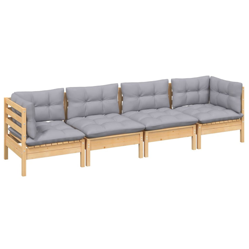 4 Piece Garden Lounge Set with Grey Cushions Solid Pinewood