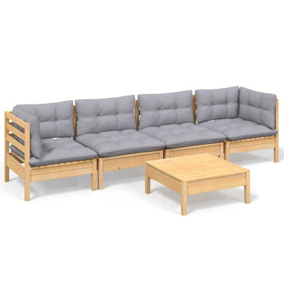 5 Piece Garden Lounge Set with Grey Cushions Solid Pinewood