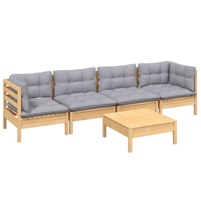 5 Piece Garden Lounge Set with Grey Cushions Solid Pinewood