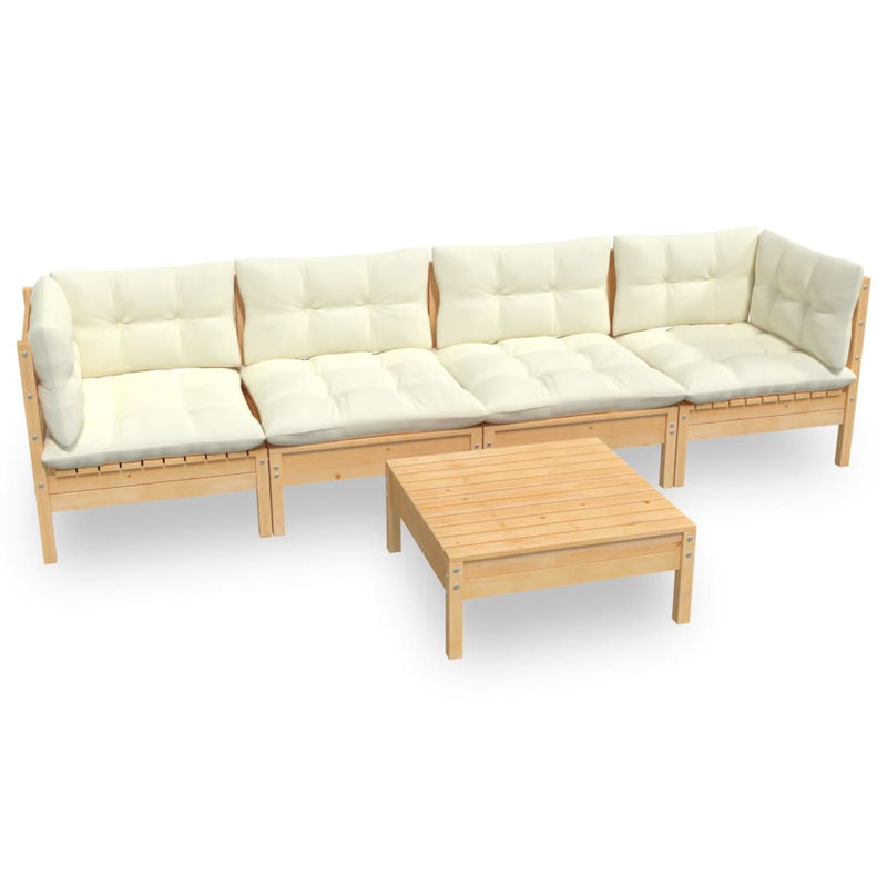 5 Piece Garden Lounge Set with Cream Cushions Solid Pinewood