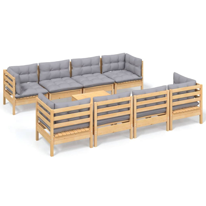 9 Piece Garden Lounge Set with Grey Cushions Solid Pinewood