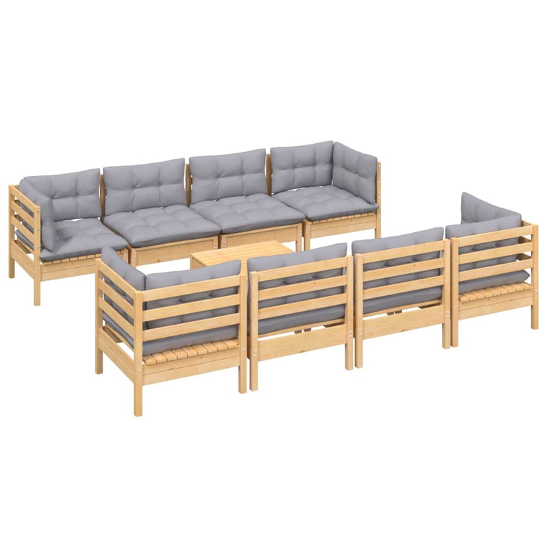 9 Piece Garden Lounge Set with Grey Cushions Solid Pinewood