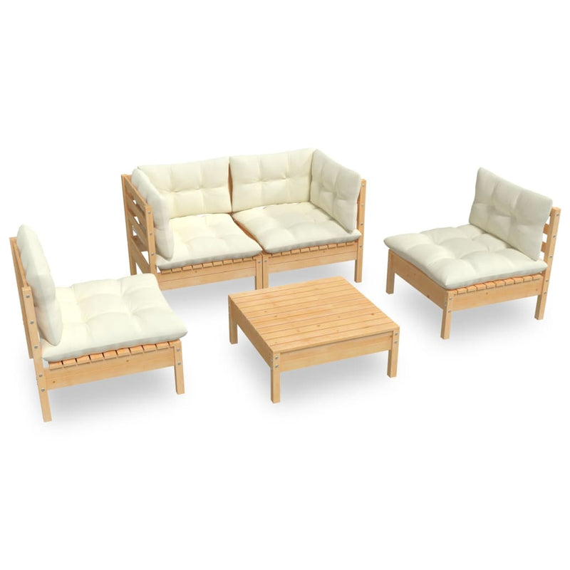 5 Piece Garden Lounge Set with Cream Cushions Solid Pinewood