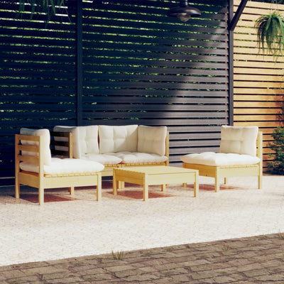 5 Piece Garden Lounge Set with Cream Cushions Solid Pinewood