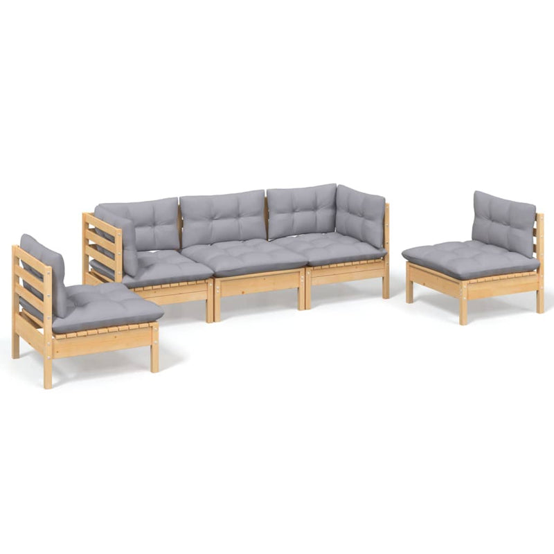 5 Piece Garden Lounge Set with Grey Cushions Solid Pinewood