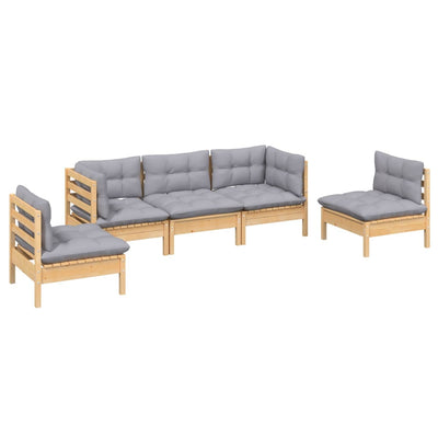 5 Piece Garden Lounge Set with Grey Cushions Solid Pinewood