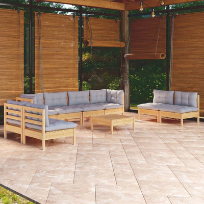 9 Piece Garden Lounge Set with Grey Cushions Solid Pinewood