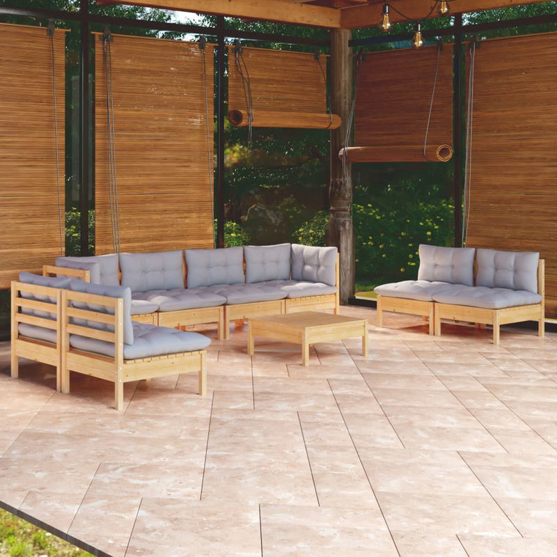 9 Piece Garden Lounge Set with Grey Cushions Solid Pinewood