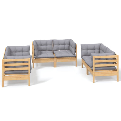 6 Piece Garden Lounge Set with Grey Cushions Solid Pinewood