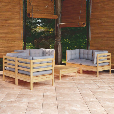 7 Piece Garden Lounge Set with Grey Cushions Solid Pinewood