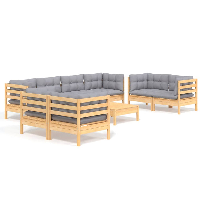 9 Piece Garden Lounge Set with Grey Cushions Solid Pinewood