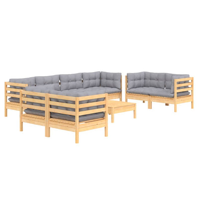 9 Piece Garden Lounge Set with Grey Cushions Solid Pinewood