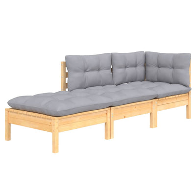 3 Piece Garden Lounge Set with Grey Cushions Solid Wood Pine