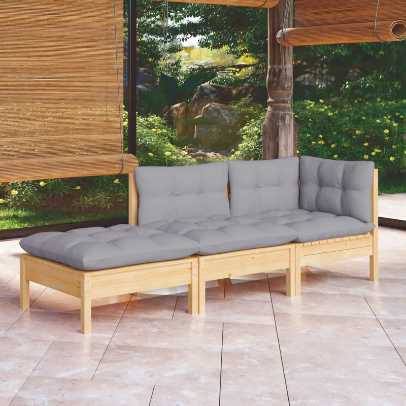 3 Piece Garden Lounge Set with Grey Cushions Solid Wood Pine