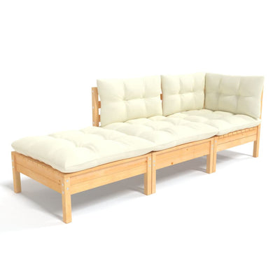 3 Piece Garden Lounge Set with Cream Cushions Solid Wood Pine