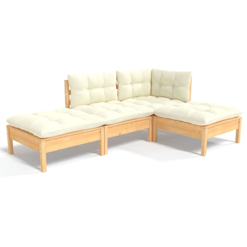 4 Piece Garden Lounge Set with Cream Cushions Solid Pinewood