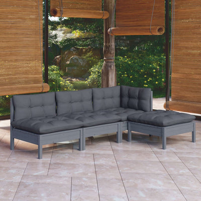 4 Piece Garden Lounge Set with Cushions Grey Pinewood