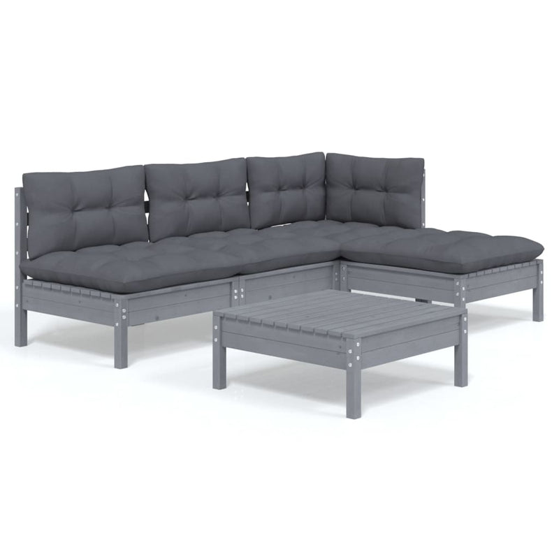 5 Piece Garden Lounge Set with Cushions Grey Pinewood