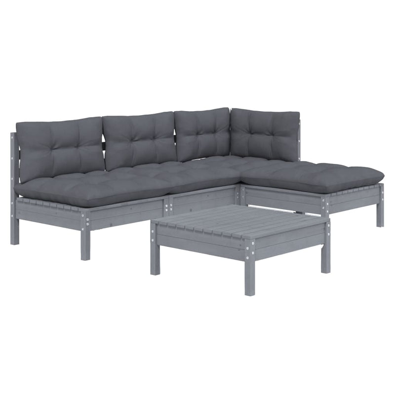 5 Piece Garden Lounge Set with Cushions Grey Pinewood