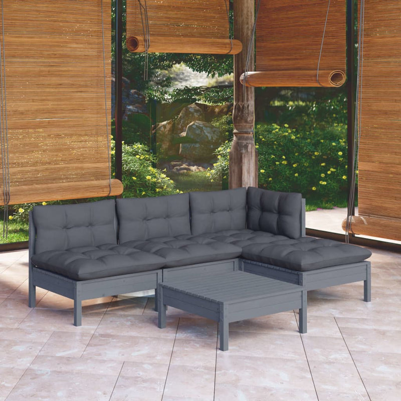 5 Piece Garden Lounge Set with Cushions Grey Pinewood