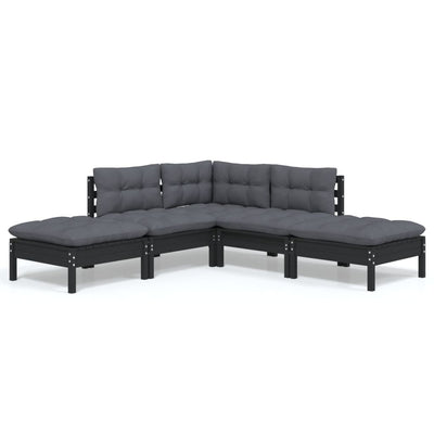 5 Piece Garden Lounge Set with Cushions Black Pinewood