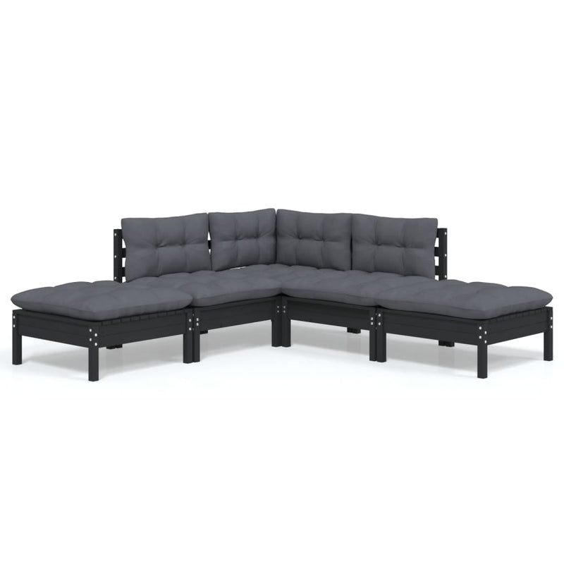 5 Piece Garden Lounge Set with Cushions Black Pinewood