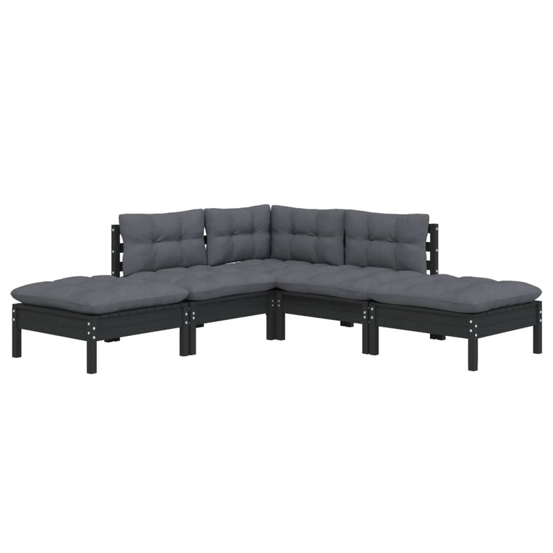 5 Piece Garden Lounge Set with Cushions Black Pinewood