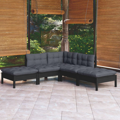 5 Piece Garden Lounge Set with Cushions Black Pinewood