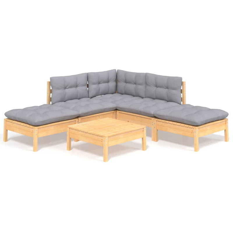 6 Piece Garden Lounge Set with Grey Cushions Pinewood