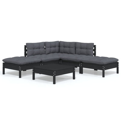 6 Piece Garden Lounge Set with Cushions Black Pinewood