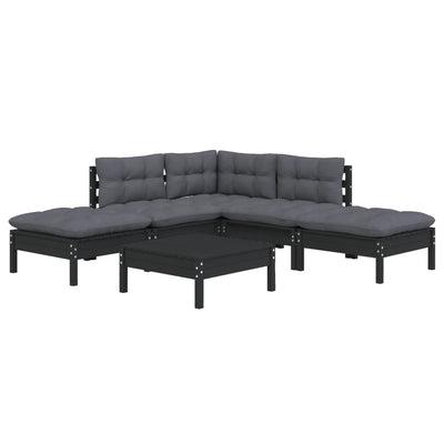 6 Piece Garden Lounge Set with Cushions Black Pinewood