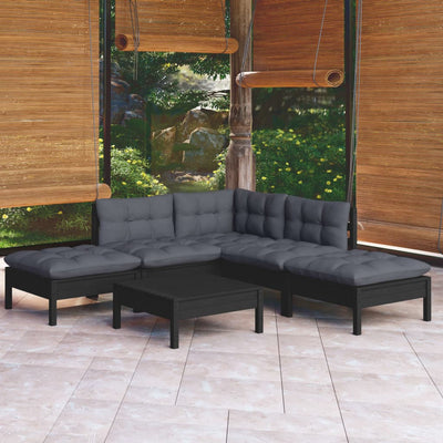 6 Piece Garden Lounge Set with Cushions Black Pinewood