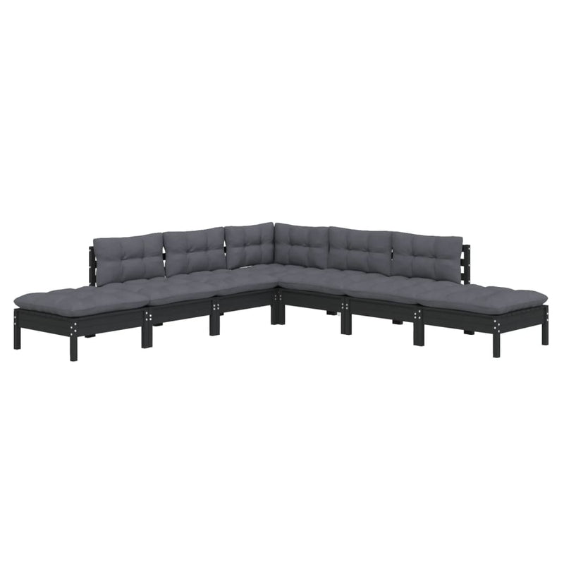 7 Piece Garden Lounge Set with Cushions Black Pinewood