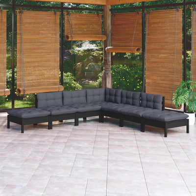 7 Piece Garden Lounge Set with Cushions Black Pinewood