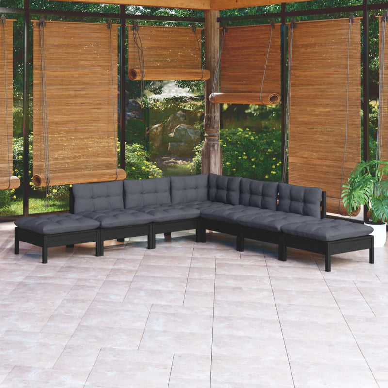 7 Piece Garden Lounge Set with Cushions Black Pinewood