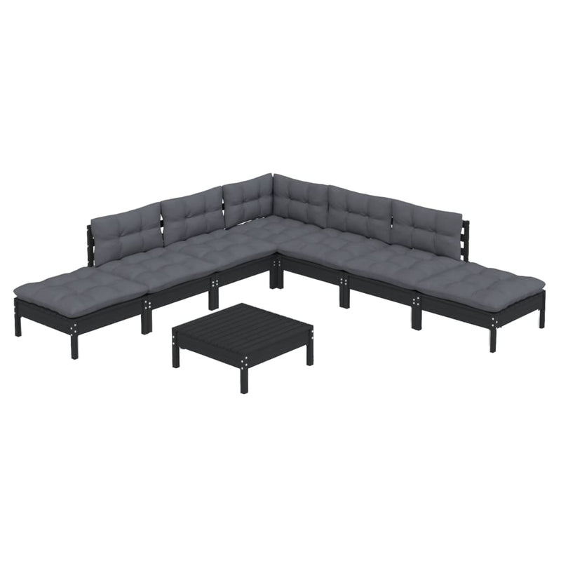 8 Piece Garden Lounge Set with Cushions Black Pinewood