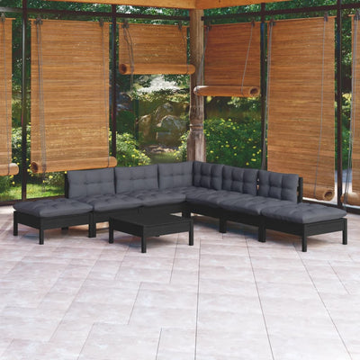 8 Piece Garden Lounge Set with Cushions Black Pinewood