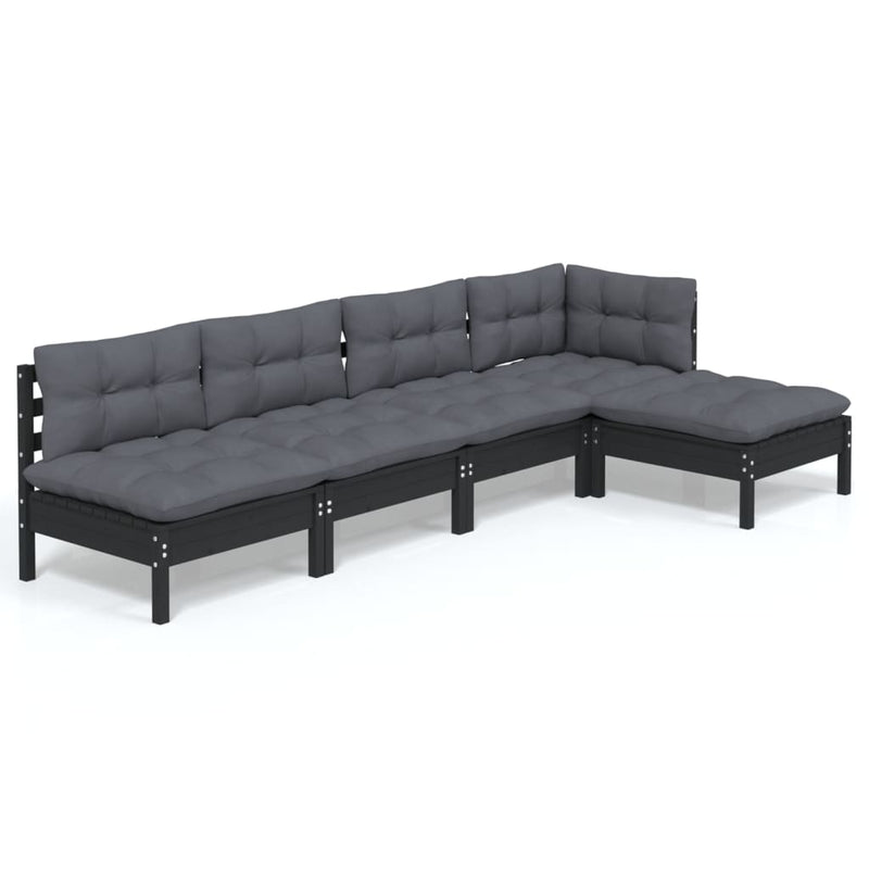 5 Piece Garden Lounge Set with Cushions Black Pinewood