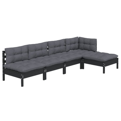 5 Piece Garden Lounge Set with Cushions Black Pinewood