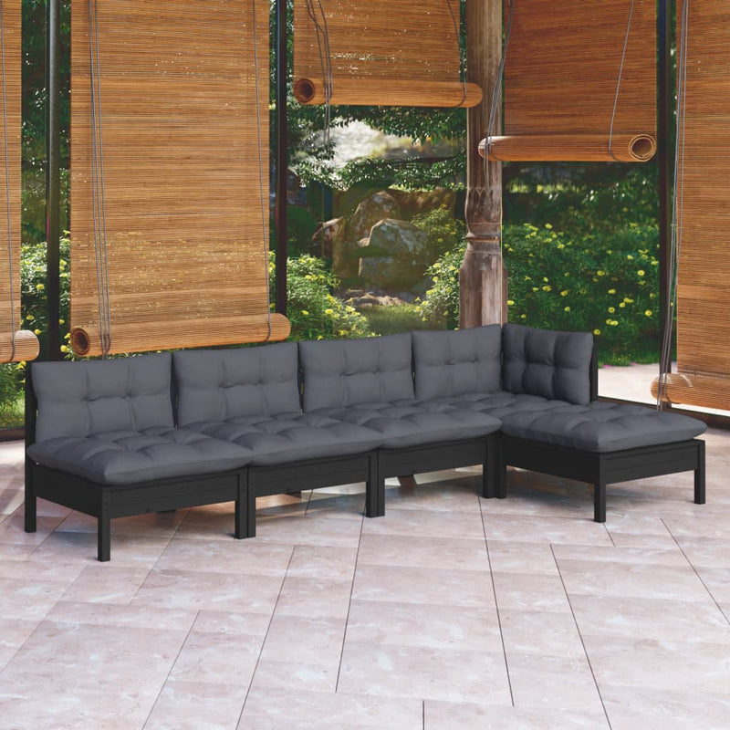 5 Piece Garden Lounge Set with Cushions Black Pinewood