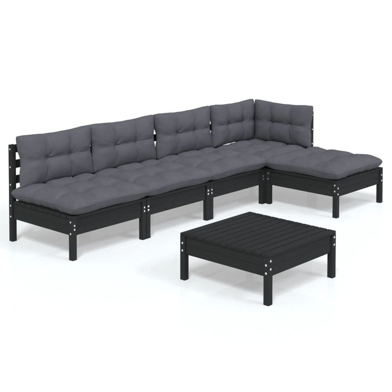 6 Piece Garden Lounge Set with Cushions Black Pinewood