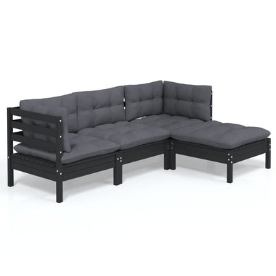 4 Piece Garden Lounge Set with Cushions Black Pinewood