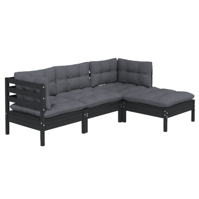 4 Piece Garden Lounge Set with Cushions Black Pinewood