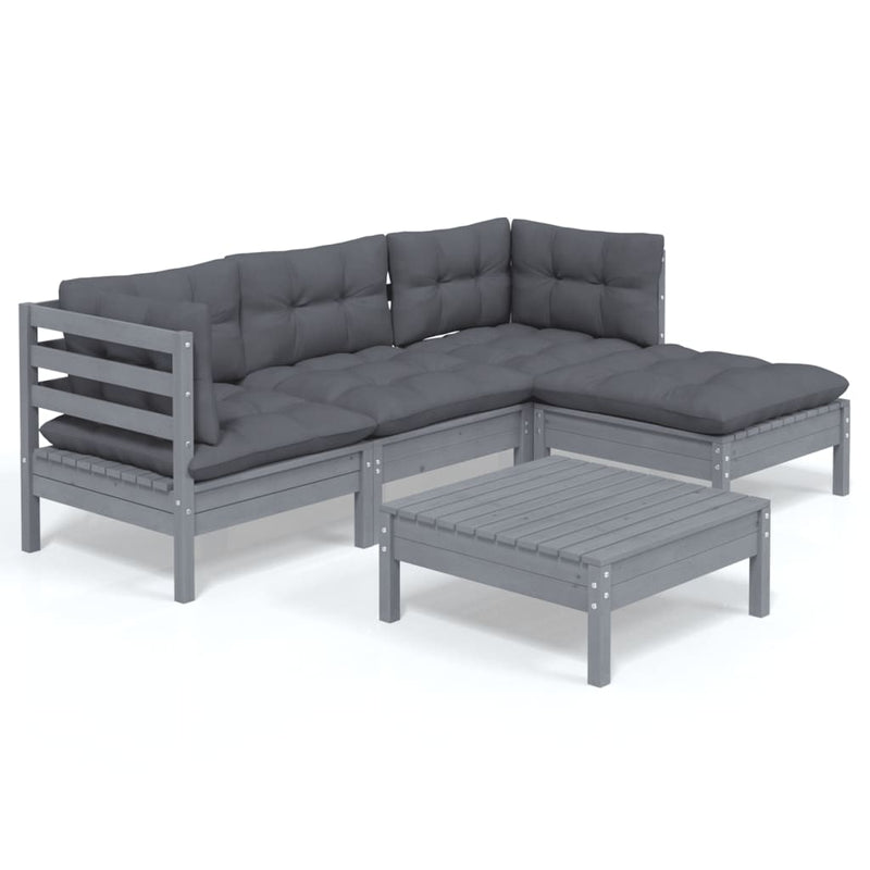 5 Piece Garden Lounge Set with Cushions Grey Pinewood